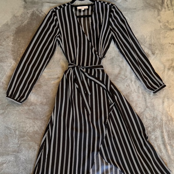LOFT Striped Midi Black & White Wrap Dress, size S - Picture 5 of 10
